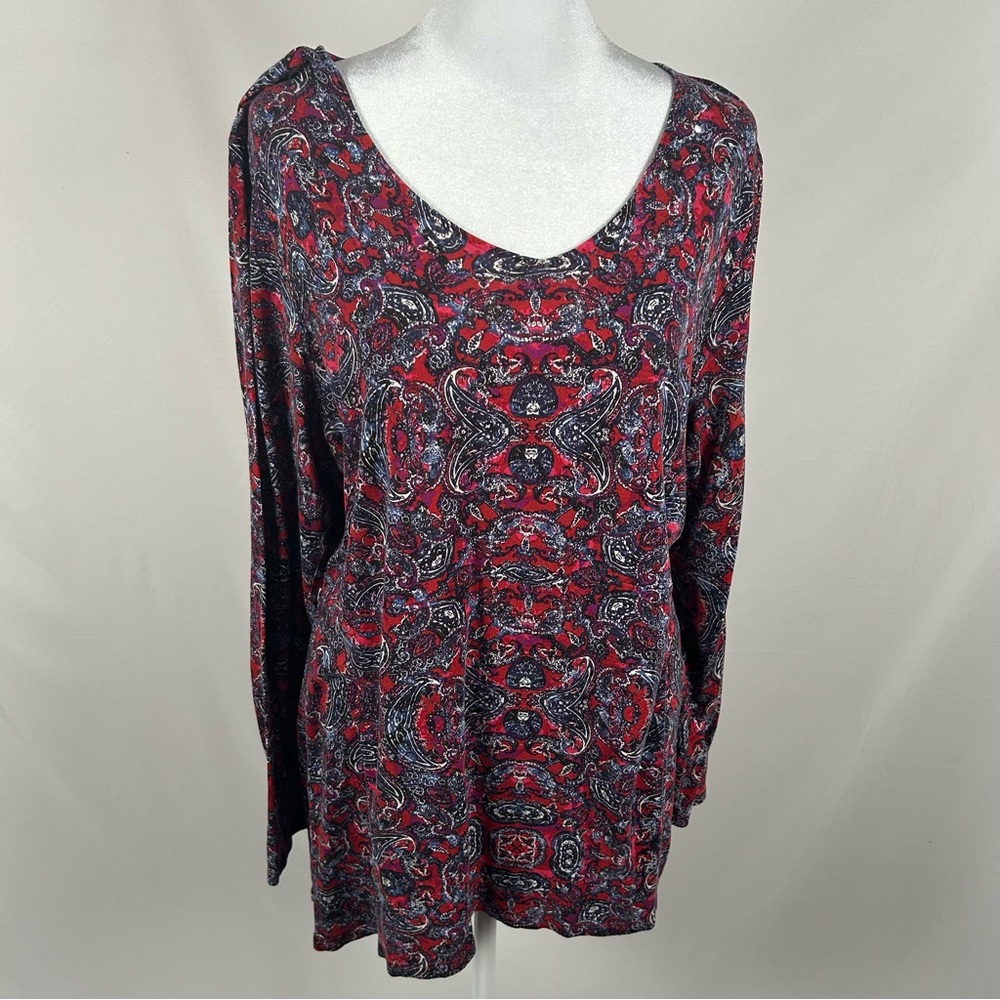 J Jill Red Patterned 3/4 Sleeve Top Size Large